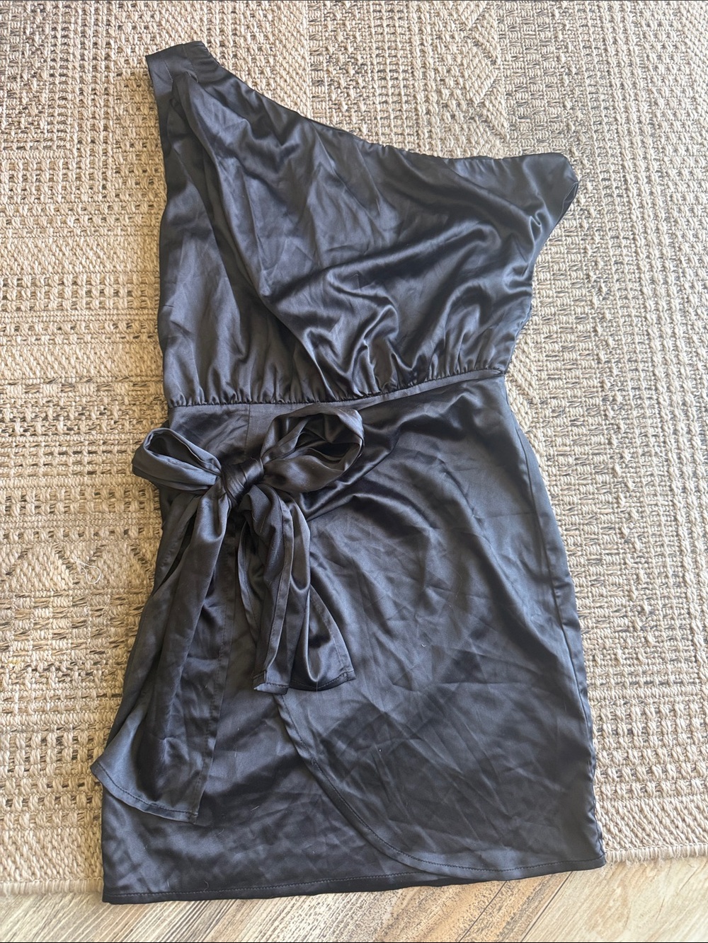 One-Shoulder Black Satin Mini Dress with Waist Tie